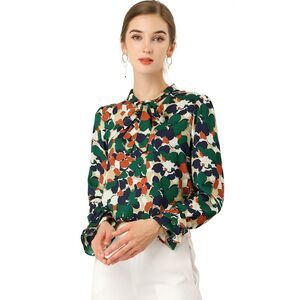 Floral Tie V Neck Blouse Chiffon Ruffle Trumpet Top Green